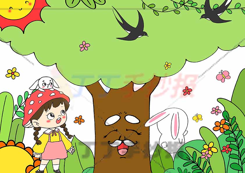 春天儿童画绘画女孩兔子大树