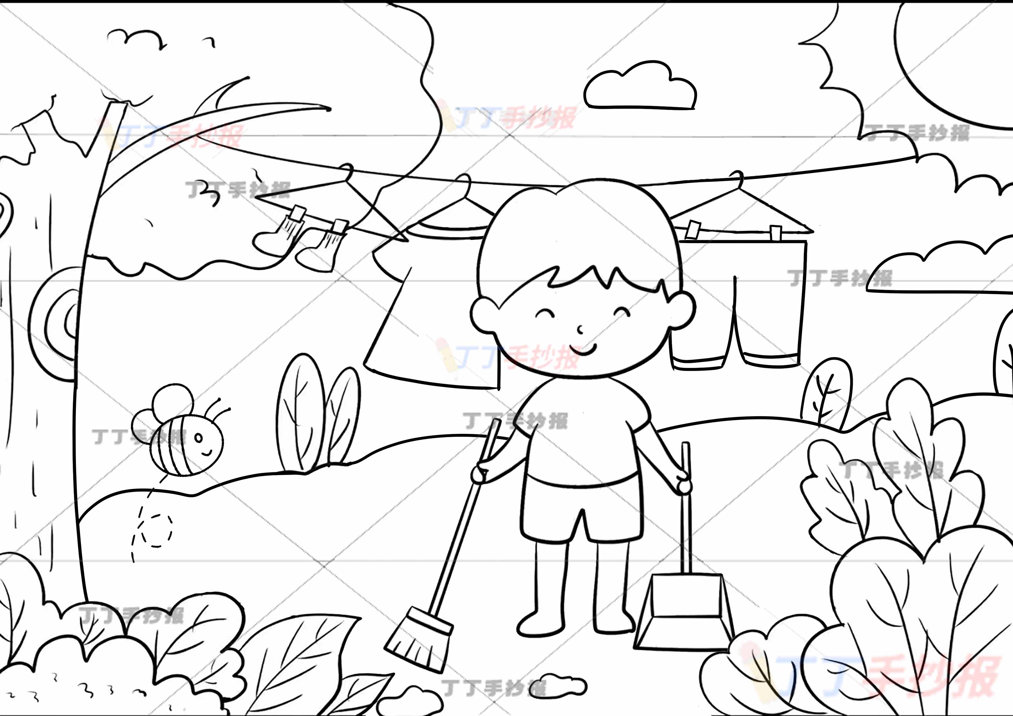 劳动节儿童画劳动绘画中间扫地男孩
