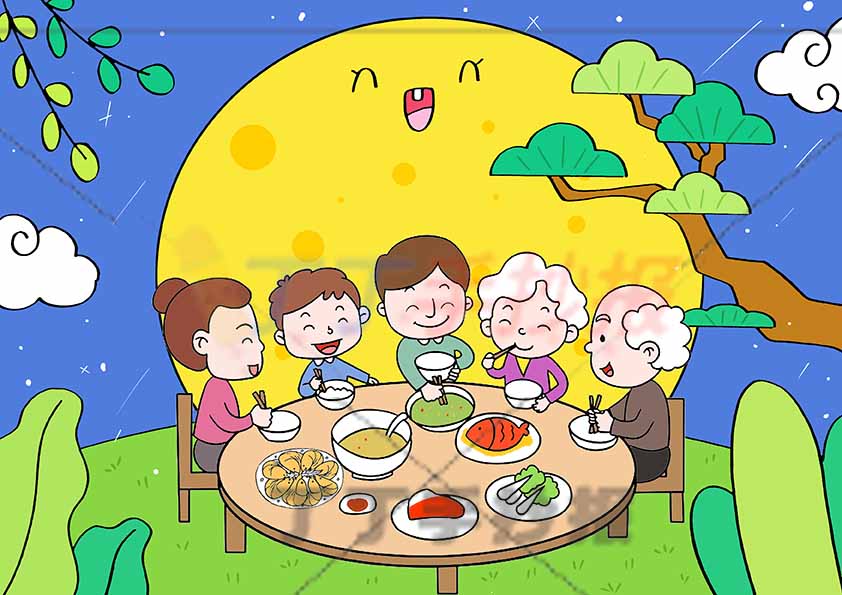 中秋节儿童画中秋话团圆绘画团圆男生
