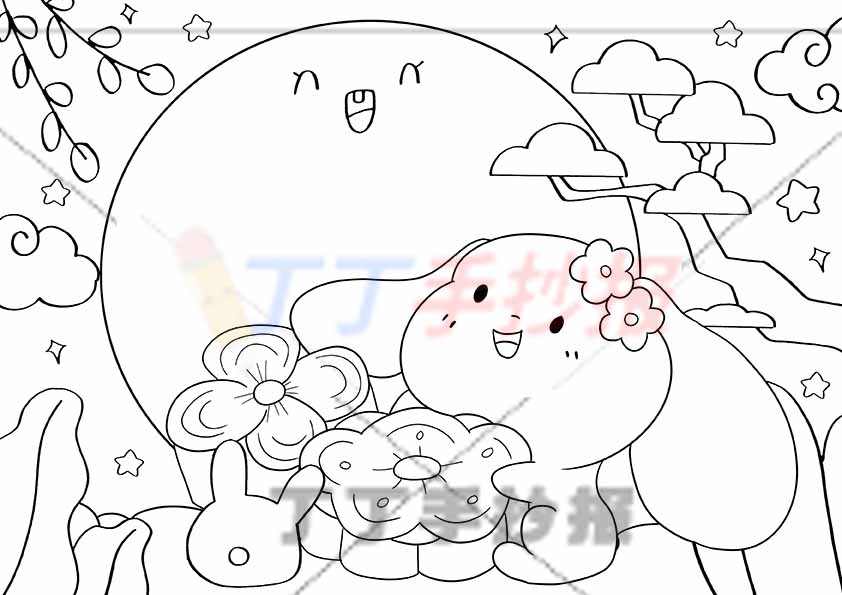 中秋节儿童画中秋绘画兔子月饼