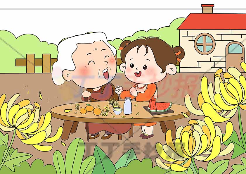 孝亲敬老儿童画重阳孝敬绘画奶奶孙女
