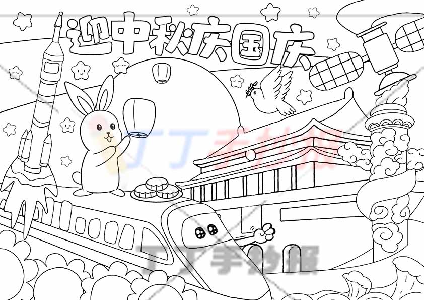迎中秋庆国庆儿童画绘画左侧火箭中秋国庆