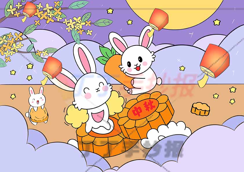 中秋节儿童画中秋绘画两兔子站月饼