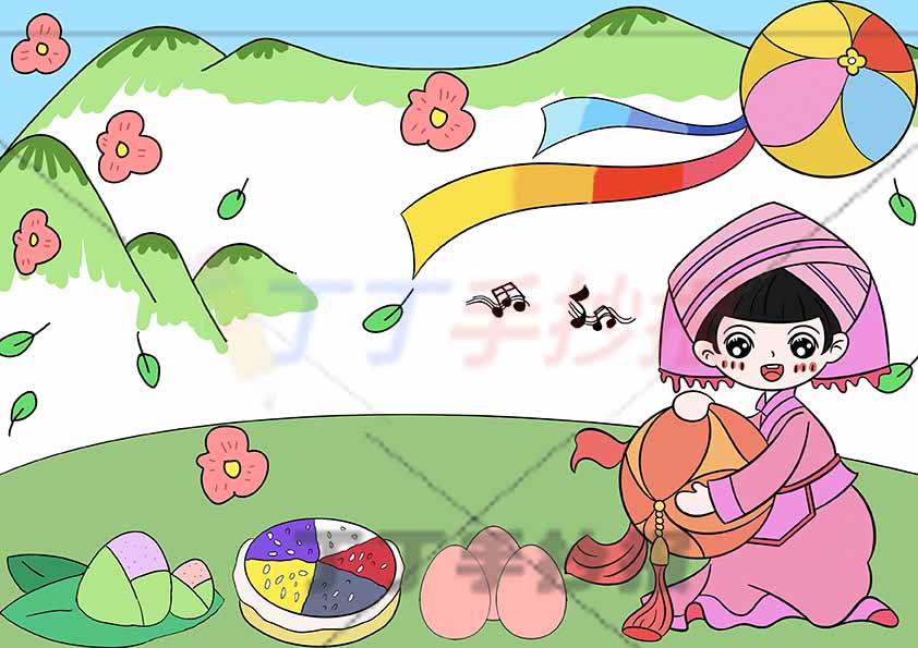 广西壮族三月三儿童画绘画女孩绣球