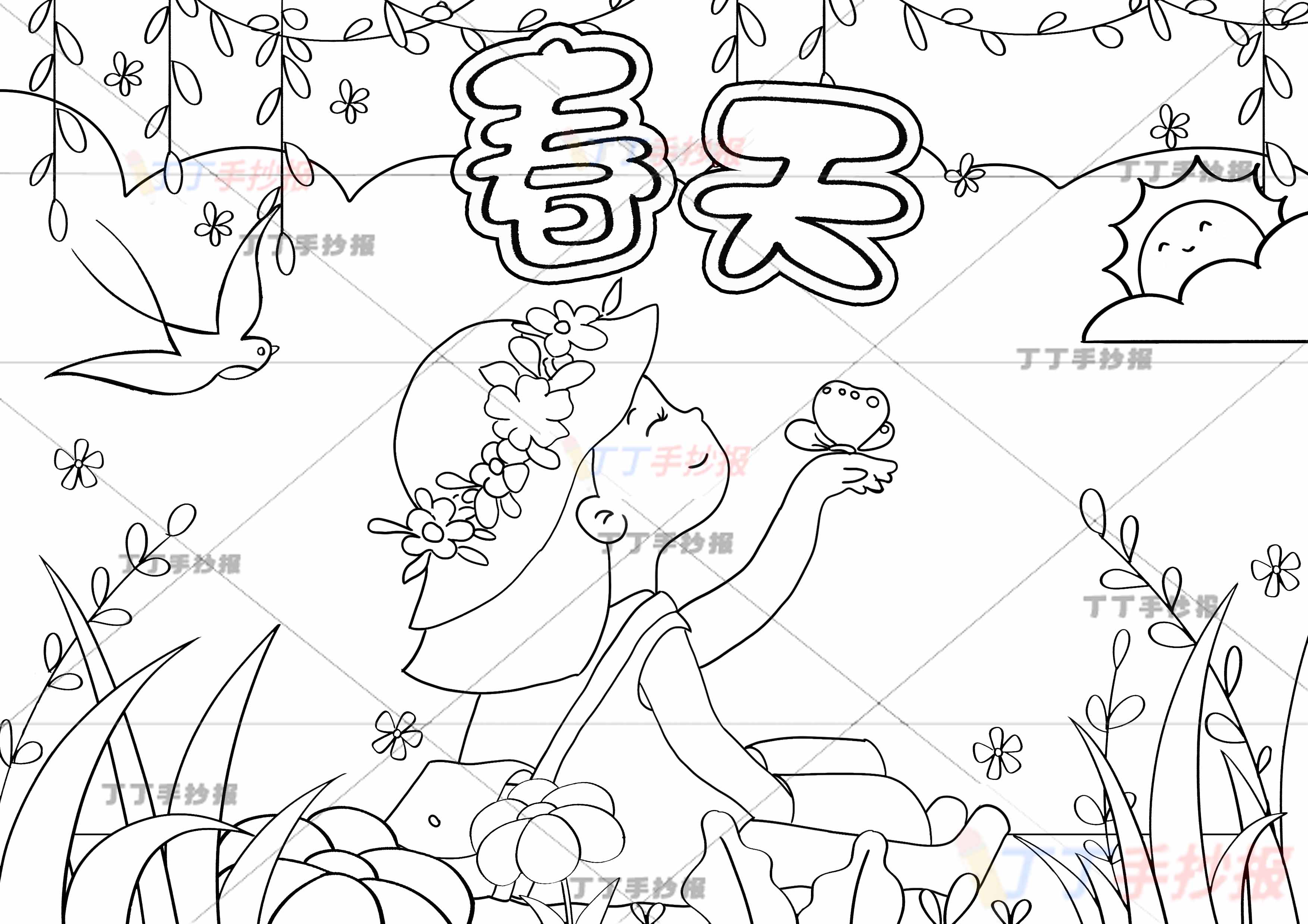 春天儿童画女孩蝴蝶