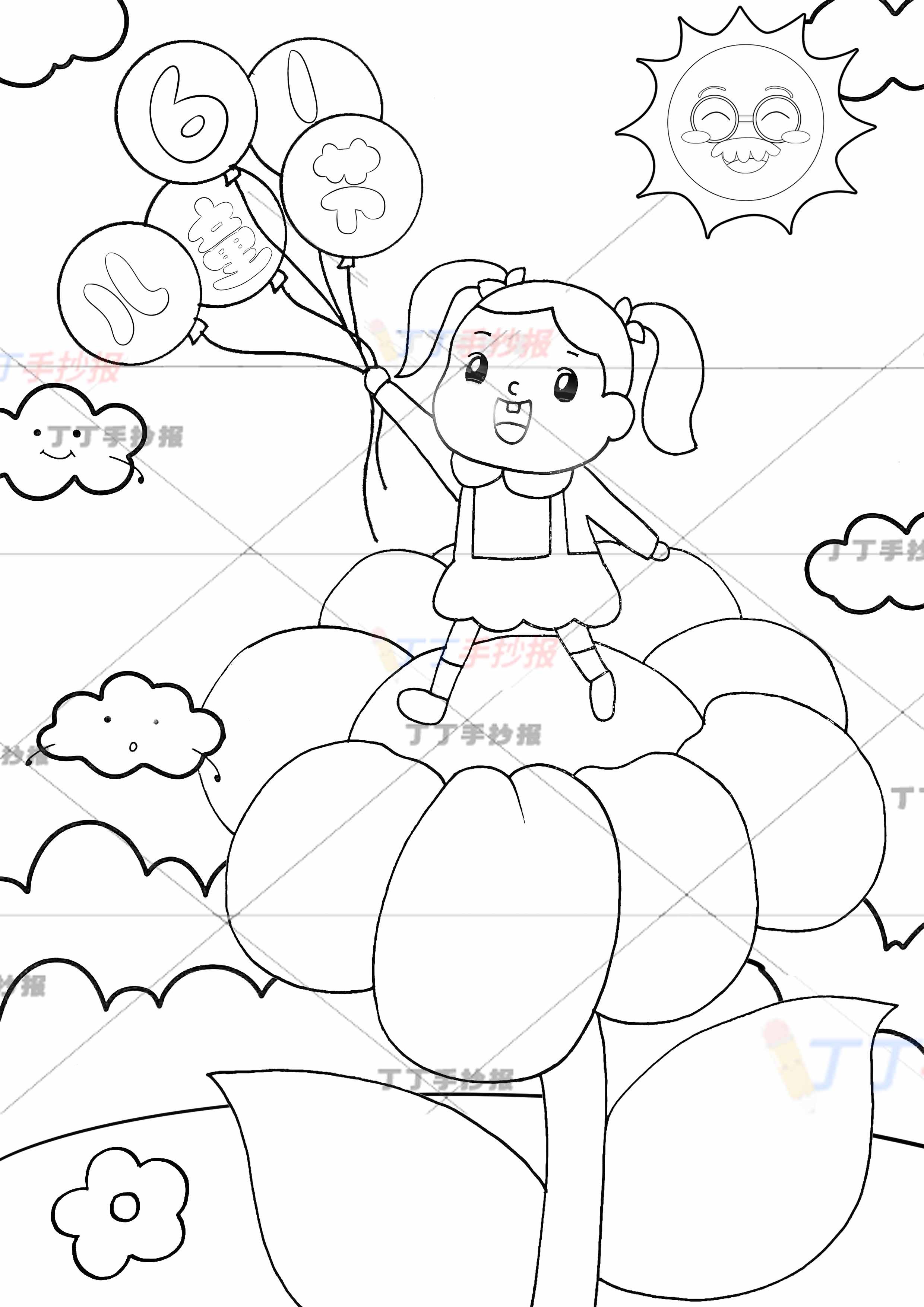 61儿童节儿童画竖版儿童节绘画女孩站花朵