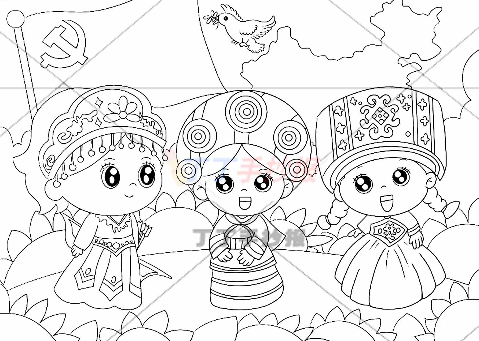 民族团结儿童画绘画三人女孩地图