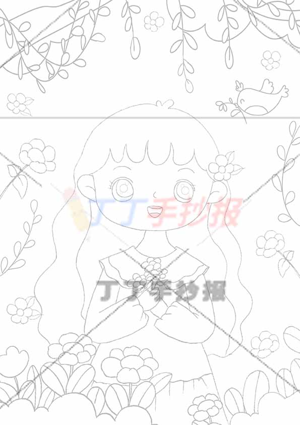 春天儿童画卡通人物绘画竖版女孩
