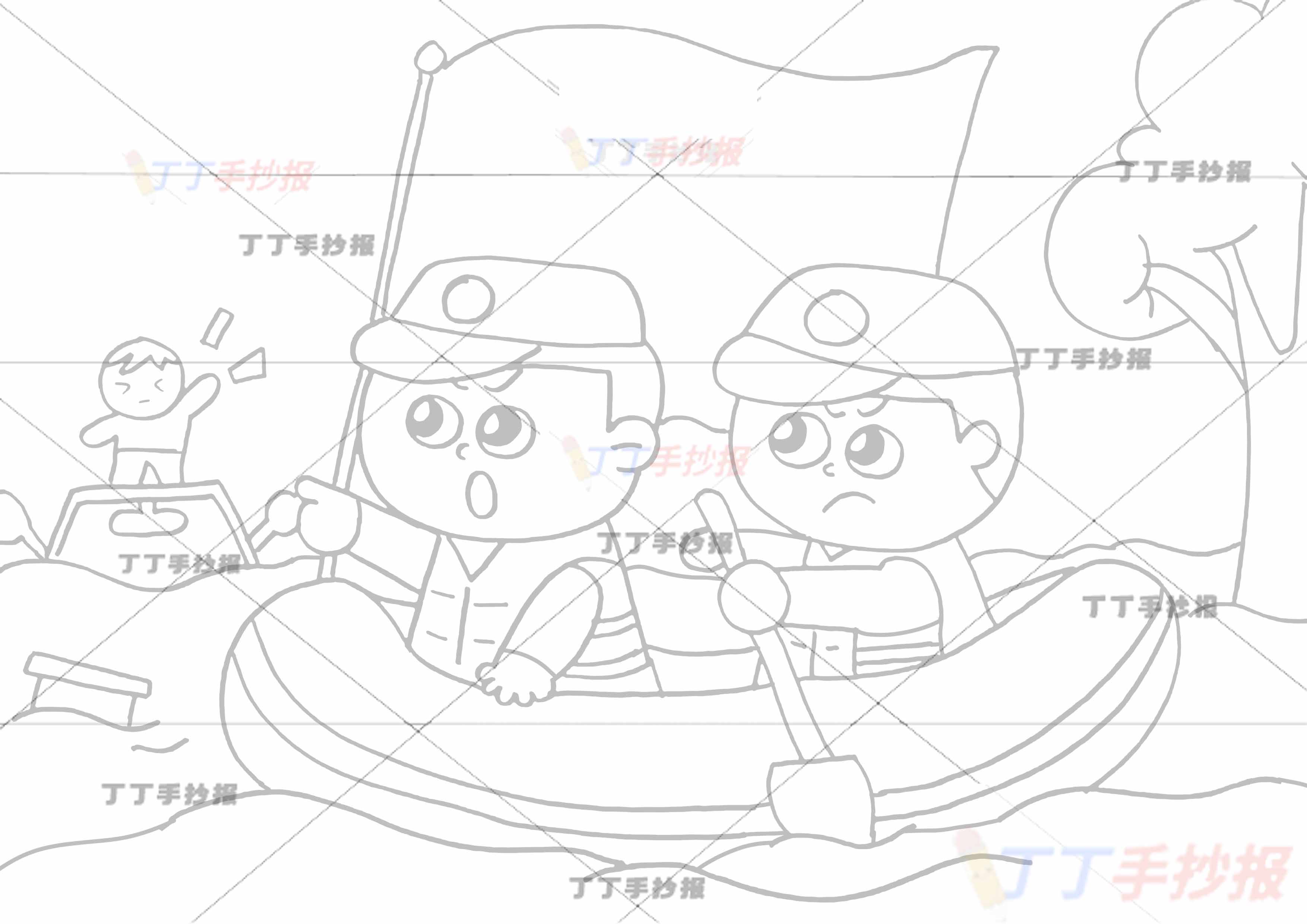 抗洪救灾儿童画两人船