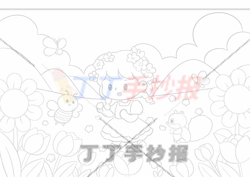 春天儿童画女孩拿花松鼠