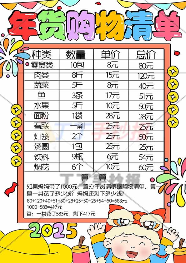 年货购物清单竖版手抄报右下男孩