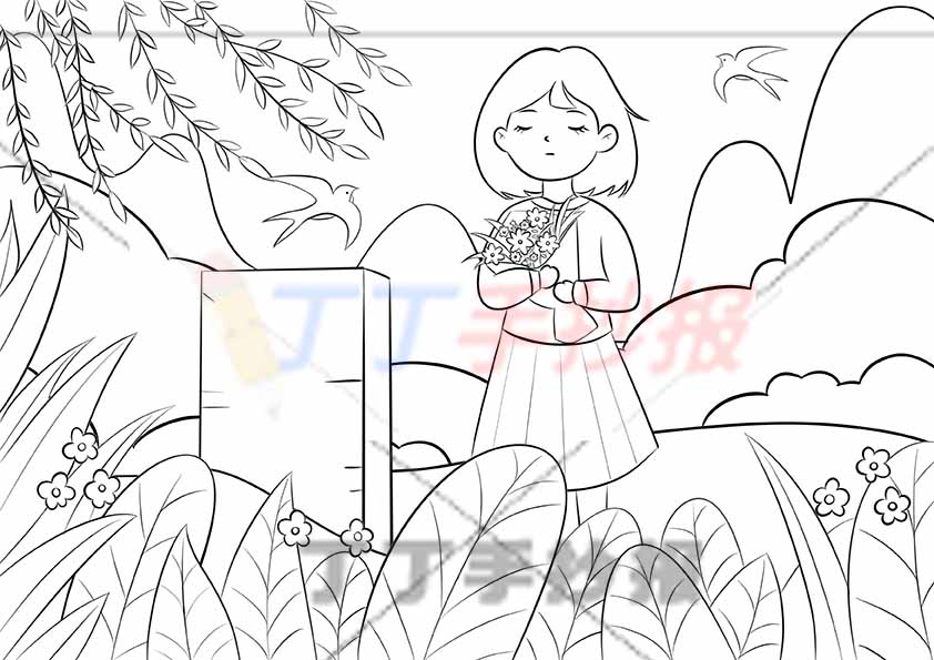 清明节儿童画清明祭先烈绘画女孩祭拜