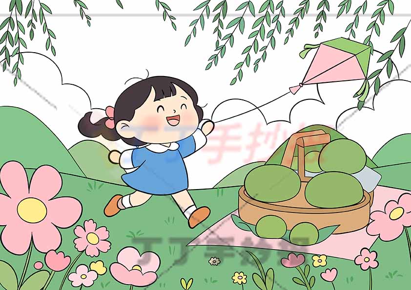 清明节儿童画清明踏青绘画女孩