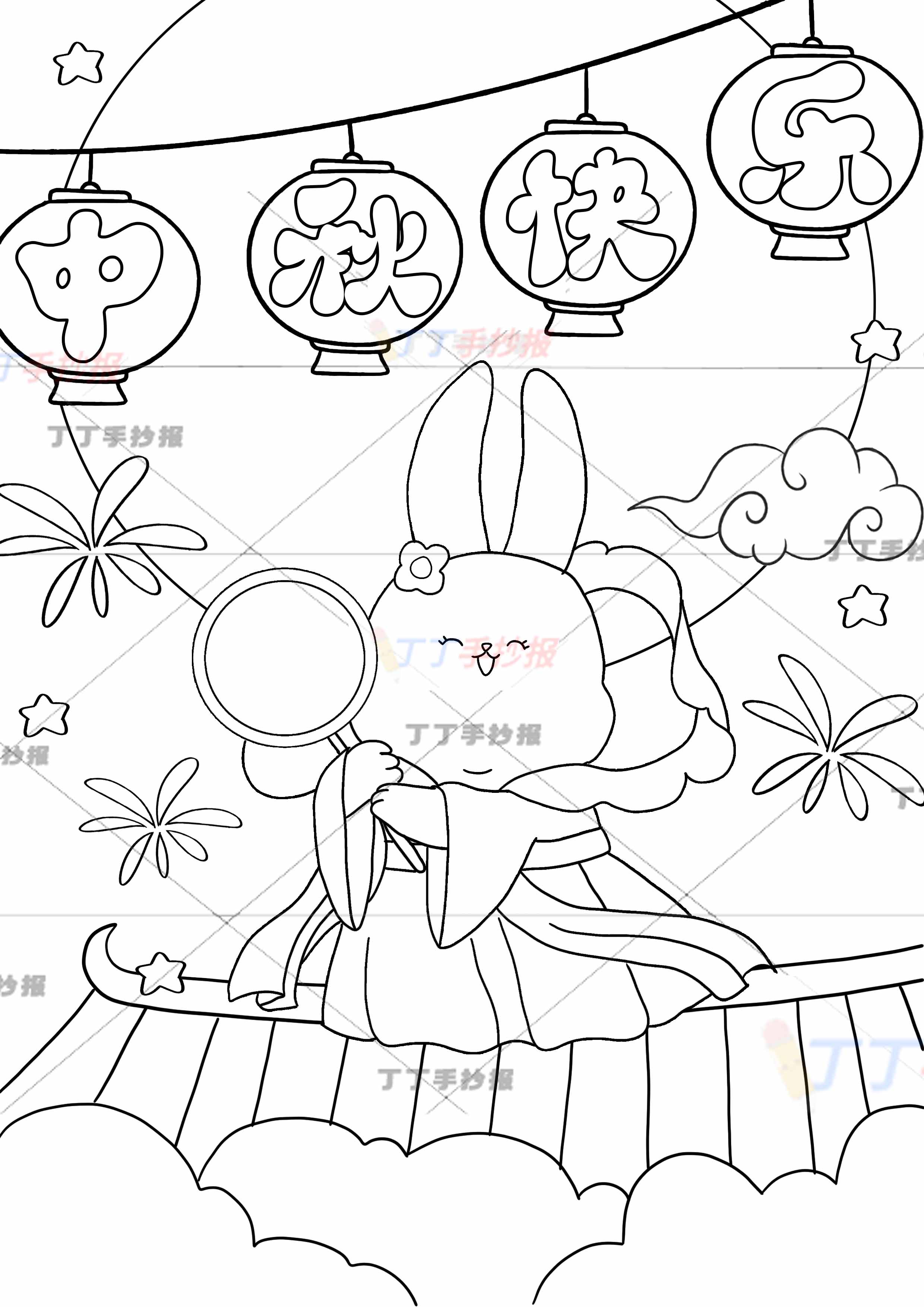 中秋快乐竖版儿童画中秋绘画中间仙女兔子