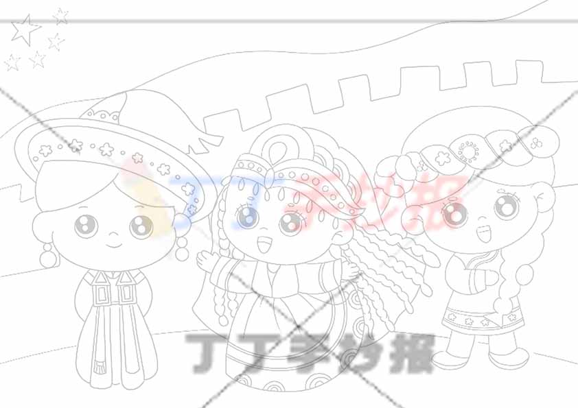 民族团结儿童画绘画长城背景三人