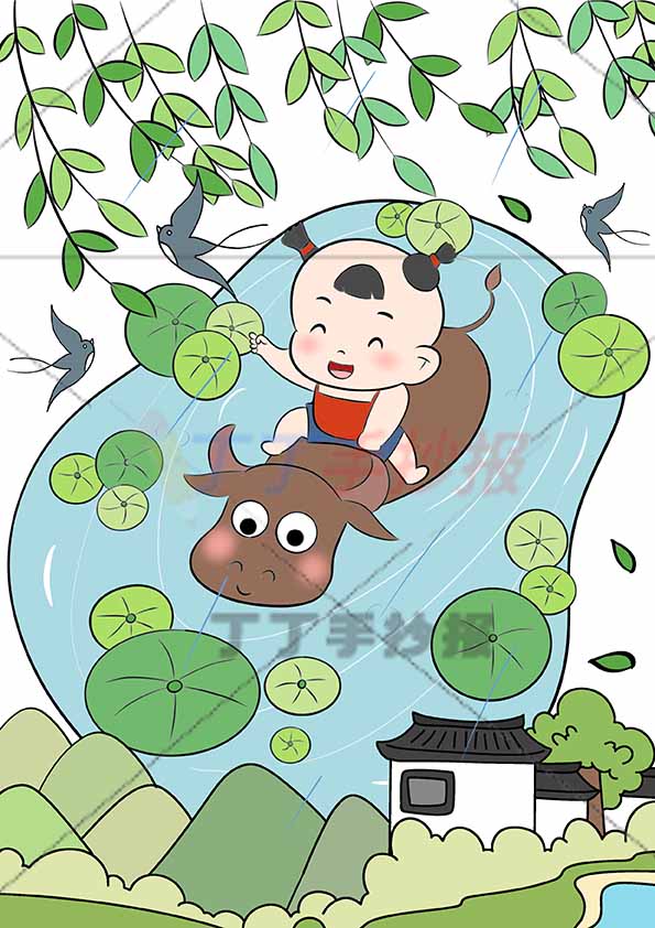 清明节儿童画清明绘画竖版男孩骑牛池塘