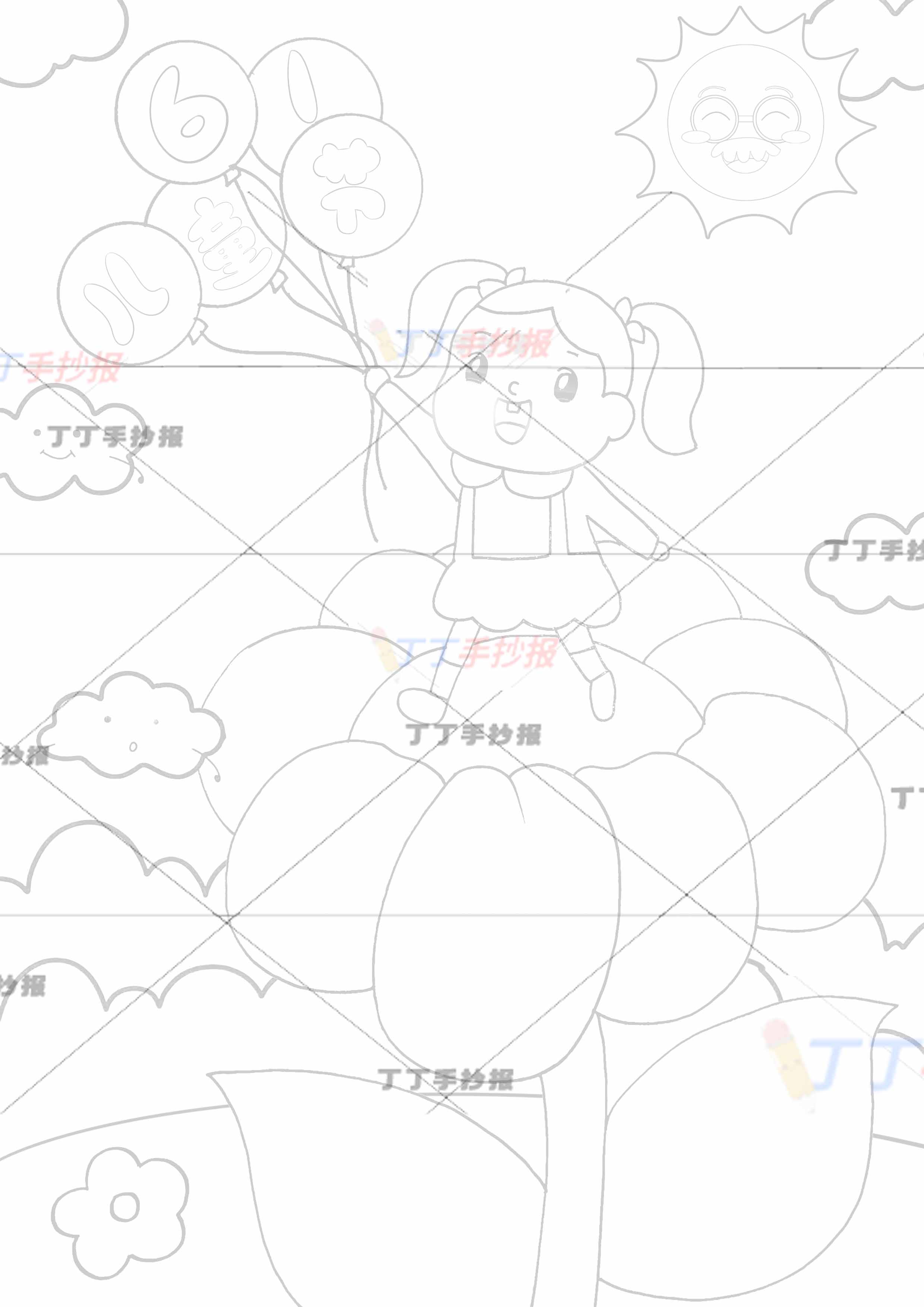 61儿童节儿童画竖版儿童节绘画女孩站花朵