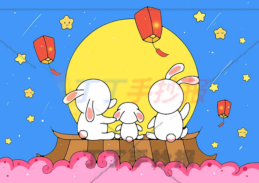 中秋节儿童画中秋绘画三兔子