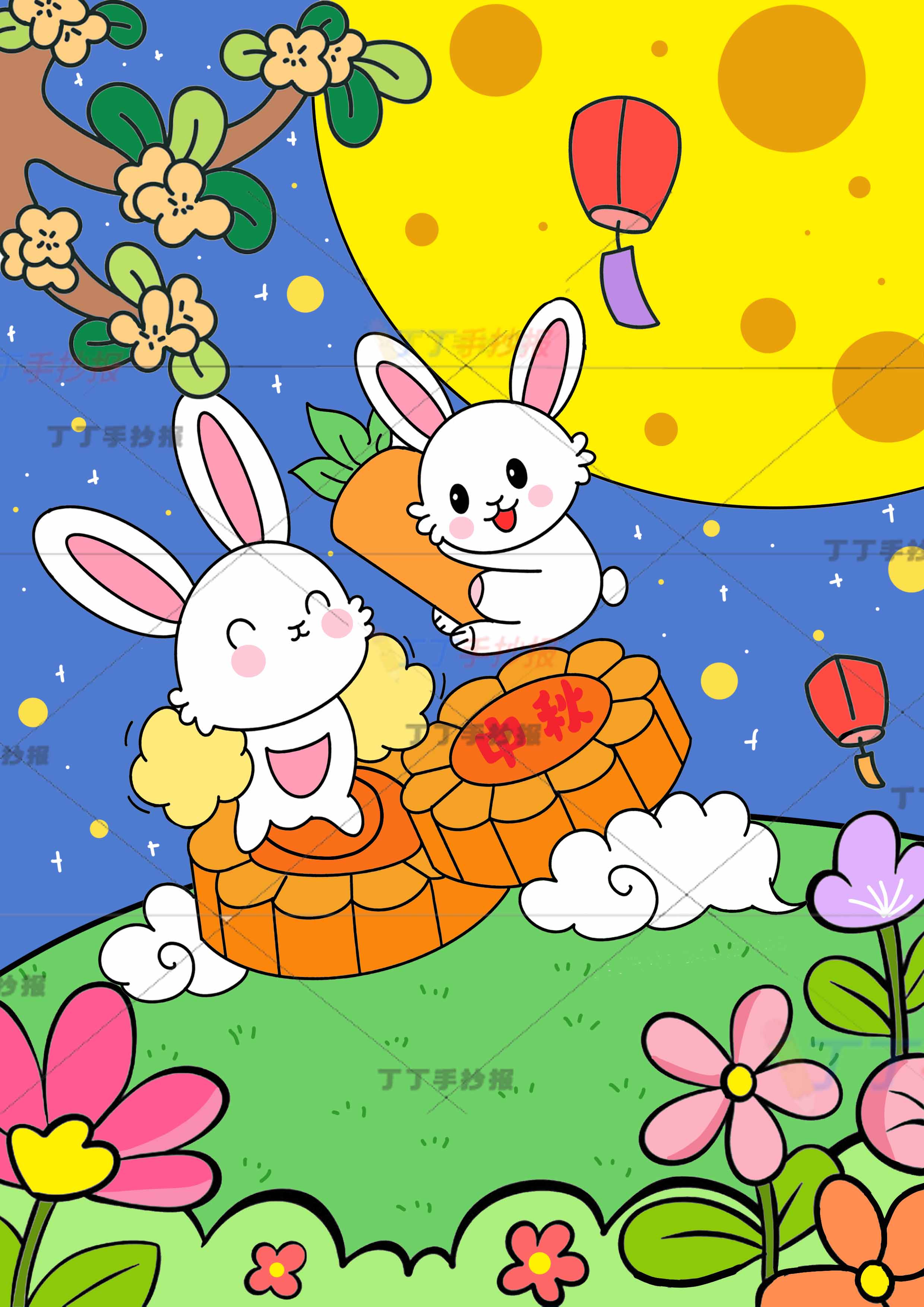 中秋节儿童画竖版绘画两兔子