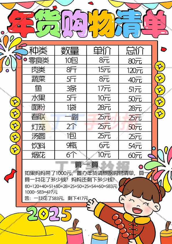 年货购物清单竖版手抄报右下女孩