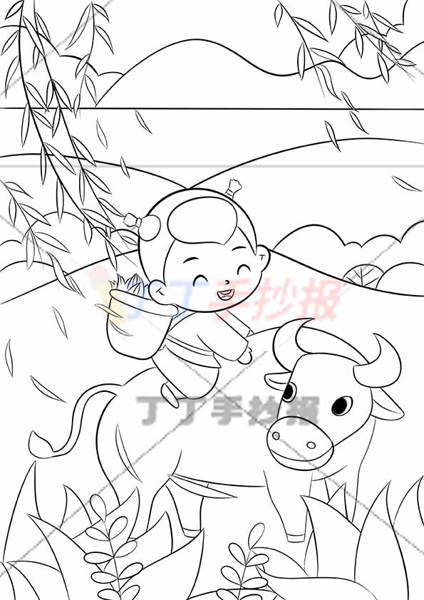 清明儿童画清明节绘画竖版牧童骑牛