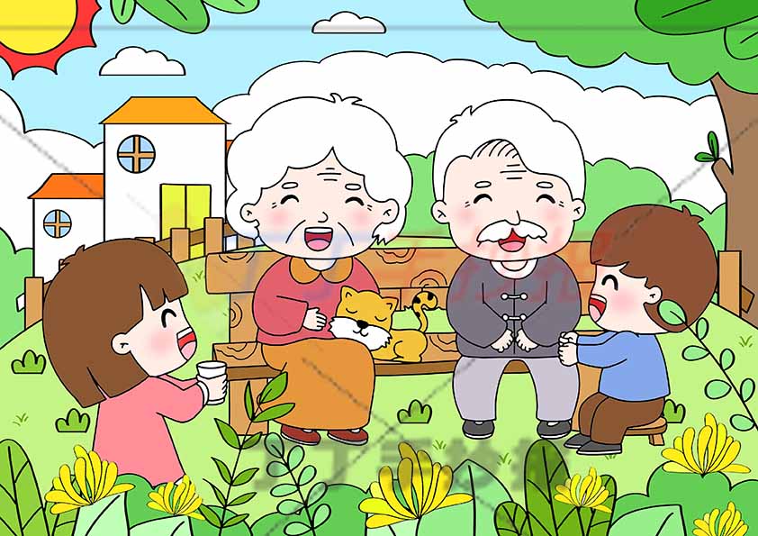 孝亲敬老儿童画孝敬绘画爷奶男女四人