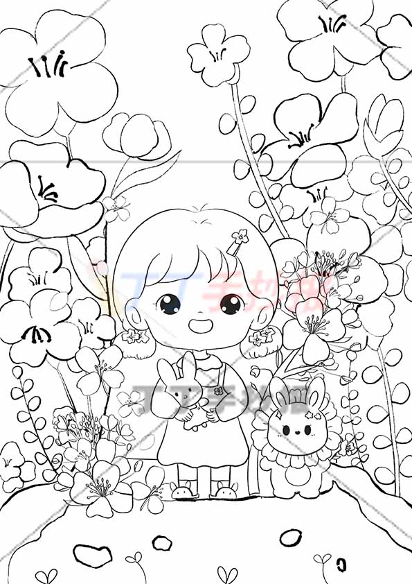 春天儿童画油菜花绘画竖版兔子