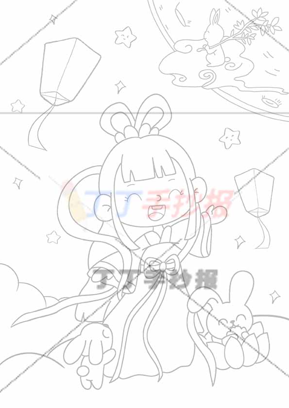 中秋儿童画中秋节绘画竖版嫦娥小兔