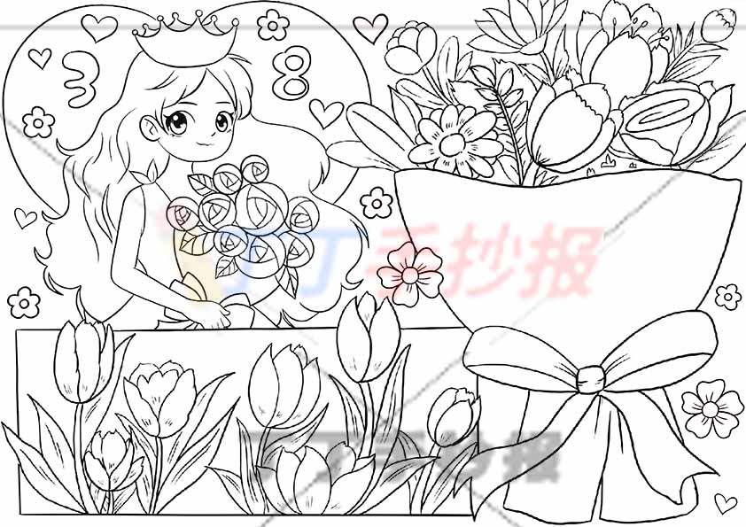 三八妇女节儿童画女神节绘画花束