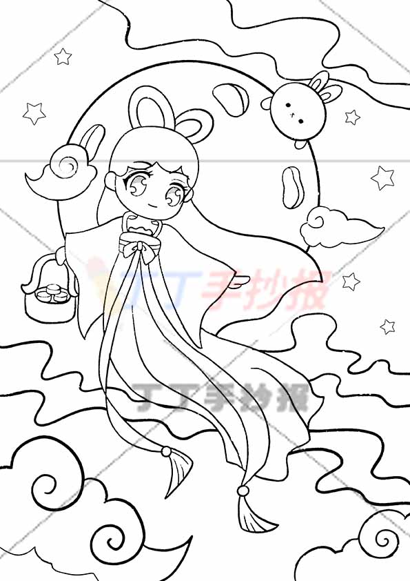 中秋节儿童画中秋绘画竖版嫦娥粉色