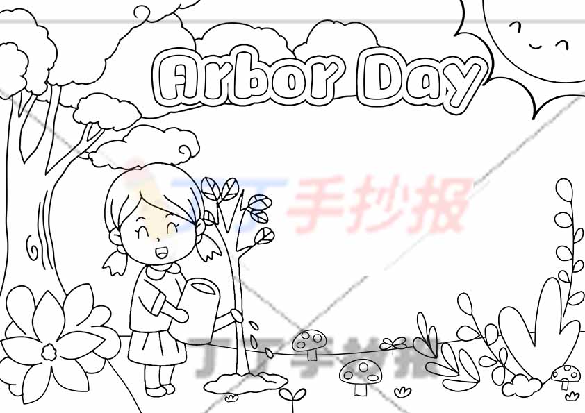 植树节英语手抄报女孩左侧大树