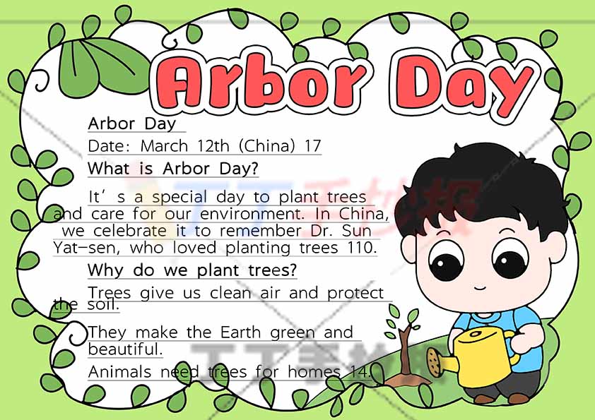 植树节英语手抄报男孩绿叶边框