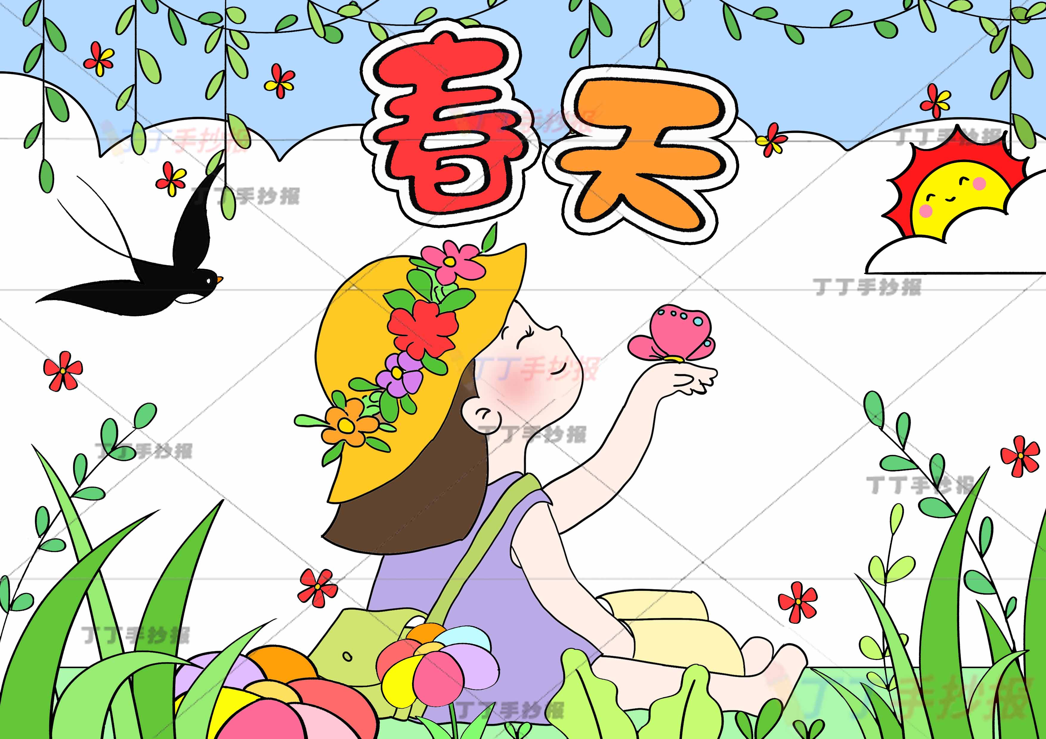 春天儿童画女孩蝴蝶