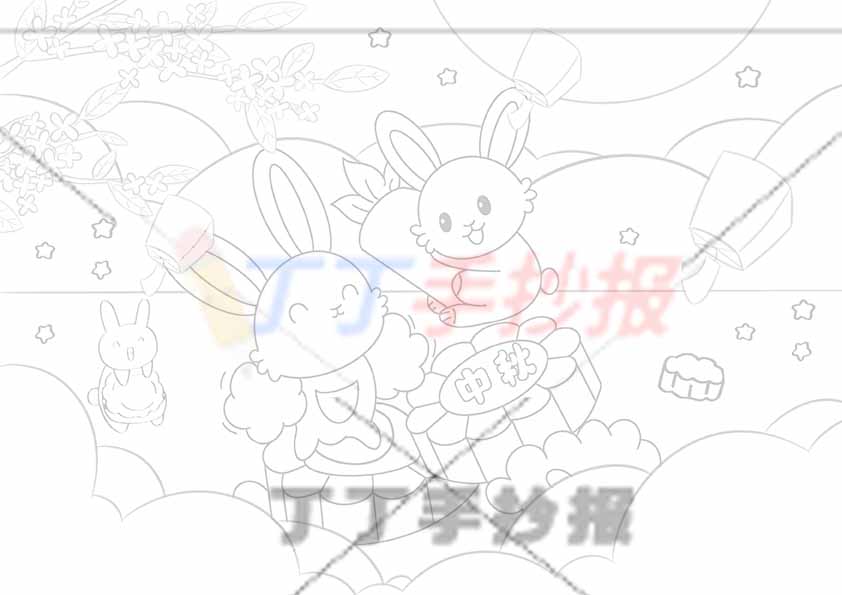 中秋节儿童画中秋绘画两兔子站月饼
