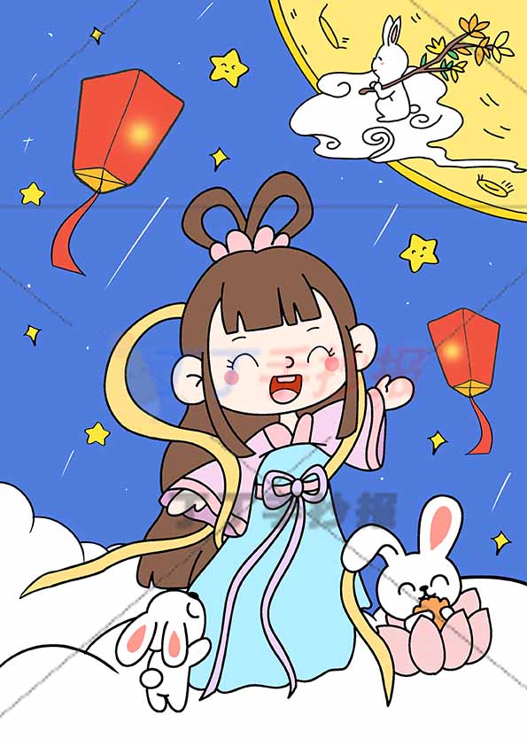 中秋儿童画中秋节绘画竖版嫦娥小兔