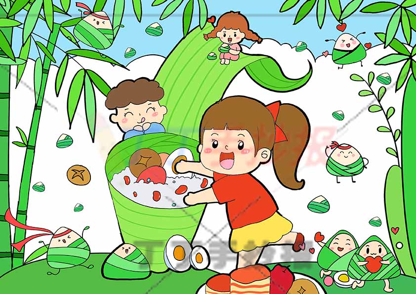 端午节儿童画端午主题绘画三人物