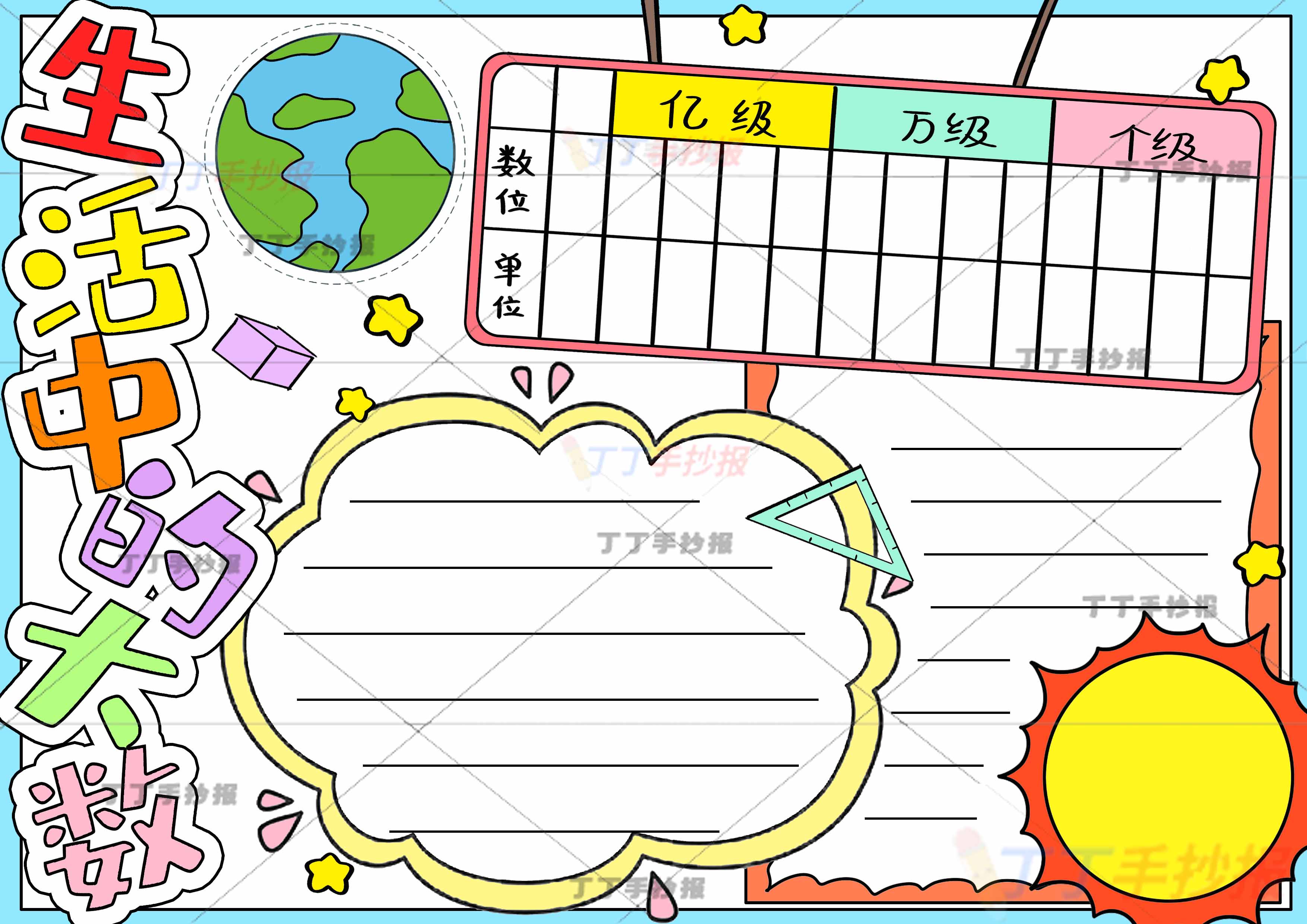 生活中的大数手抄报四年级数学右下角太阳