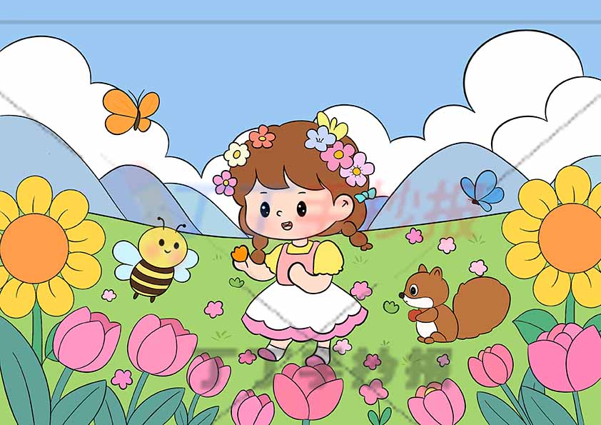 春天儿童画女孩拿花松鼠