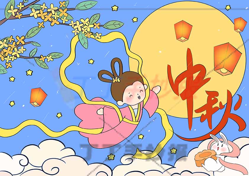 中秋节儿童画中秋绘画右侧大月亮嫦娥