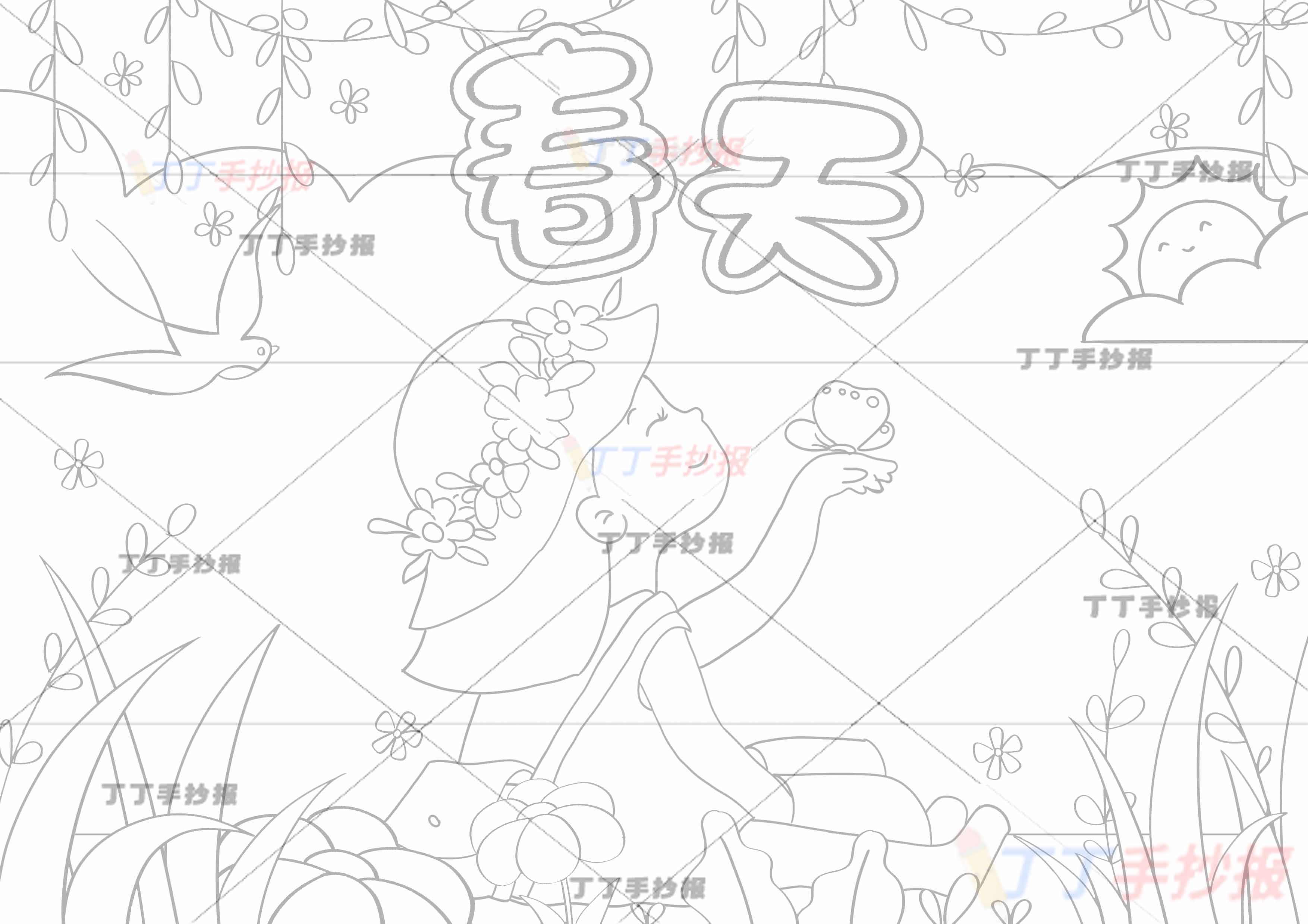 春天儿童画女孩蝴蝶