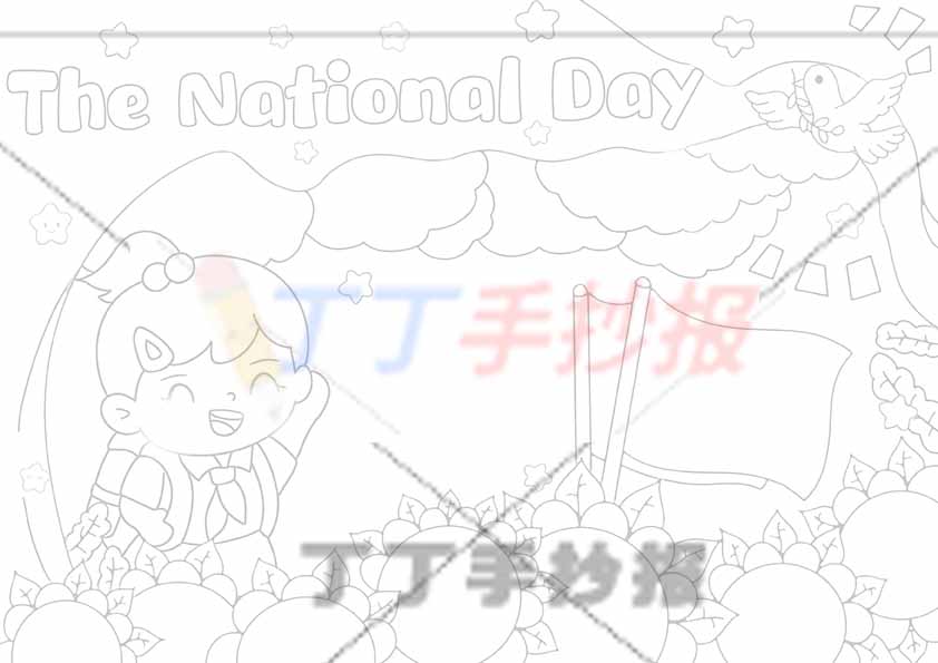 国庆节英语手抄报左侧女孩红旗1