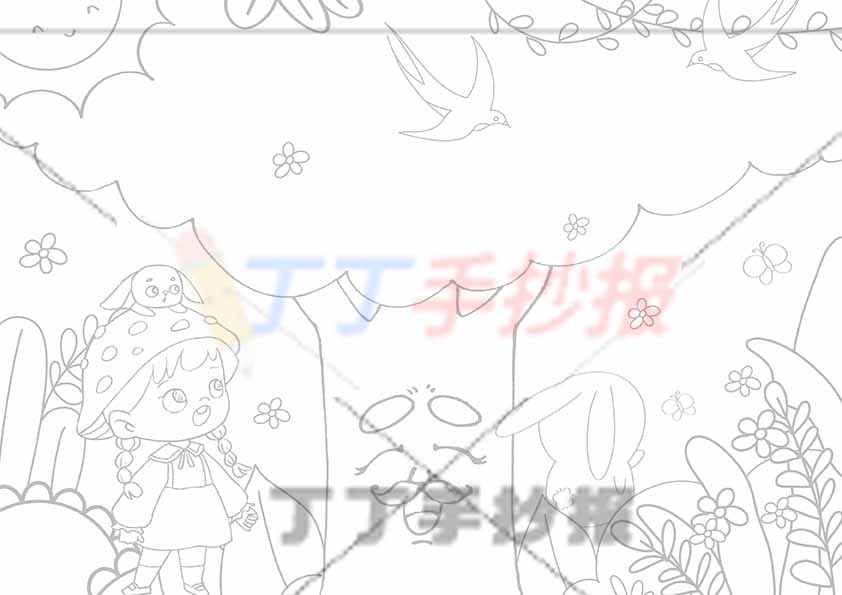 春天儿童画绘画女孩兔子大树