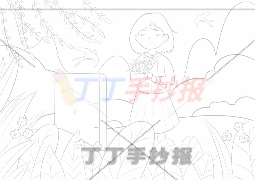 清明节儿童画清明祭先烈绘画女孩祭拜