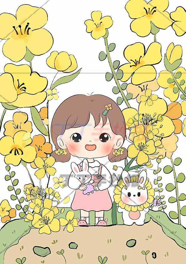 春天儿童画油菜花绘画竖版兔子