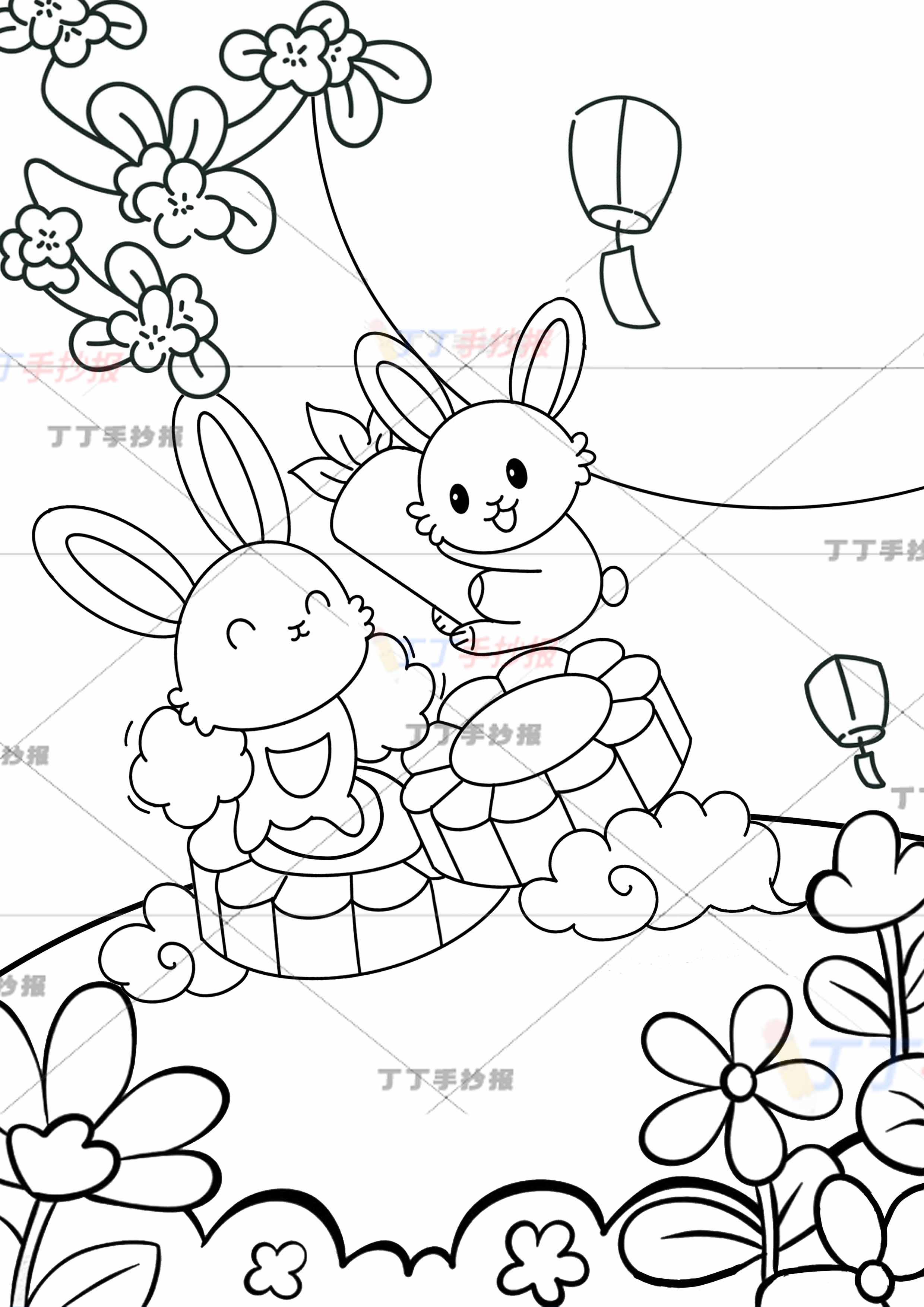 中秋节儿童画竖版绘画两兔子