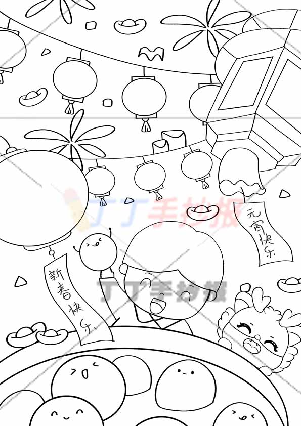 新年元宵竖版儿童画男孩小龙