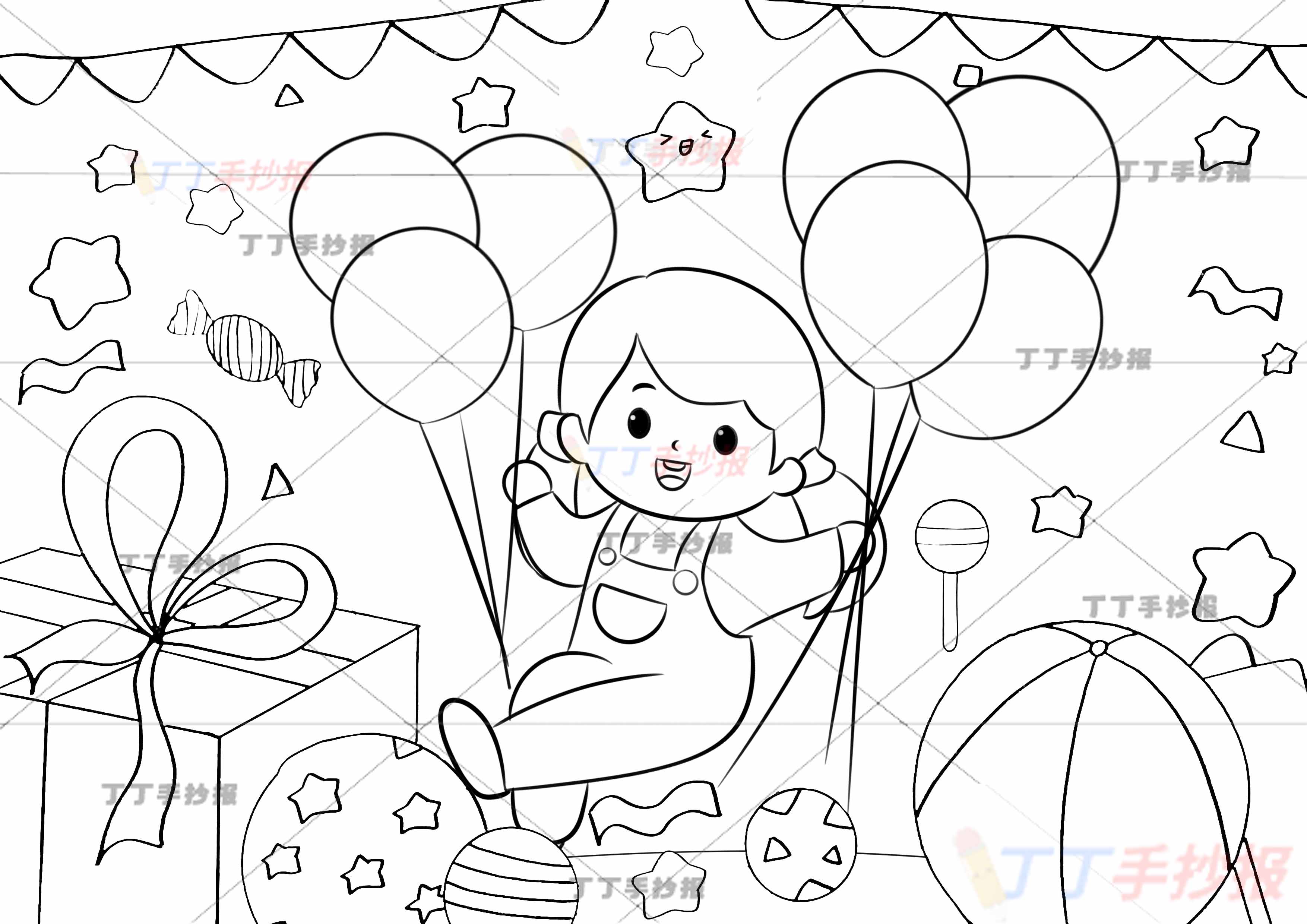 六一儿童节儿童画儿童绘画女孩拿气球