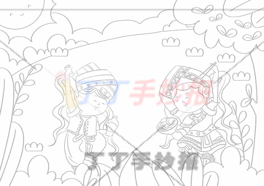 壮族三月三儿童画绘画两人跳舞