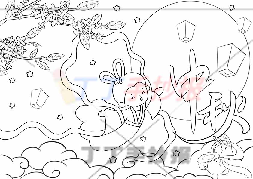 中秋节儿童画中秋绘画右侧大月亮嫦娥