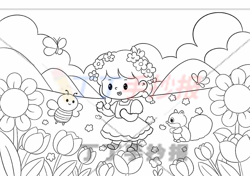 春天儿童画女孩拿花松鼠